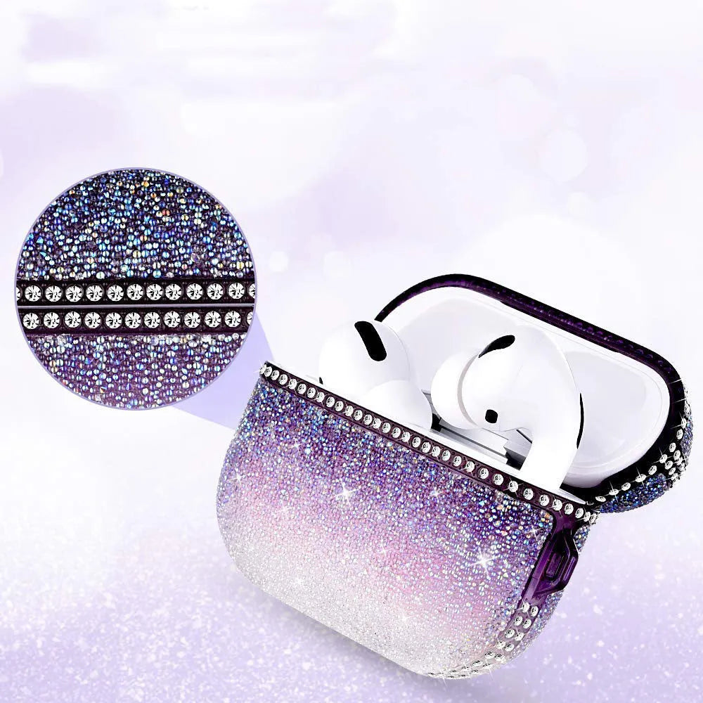 TPU soft rubber rhinestone earphone protective cover for AirPods Pro in gradient black, gradient purple or Turkey blue