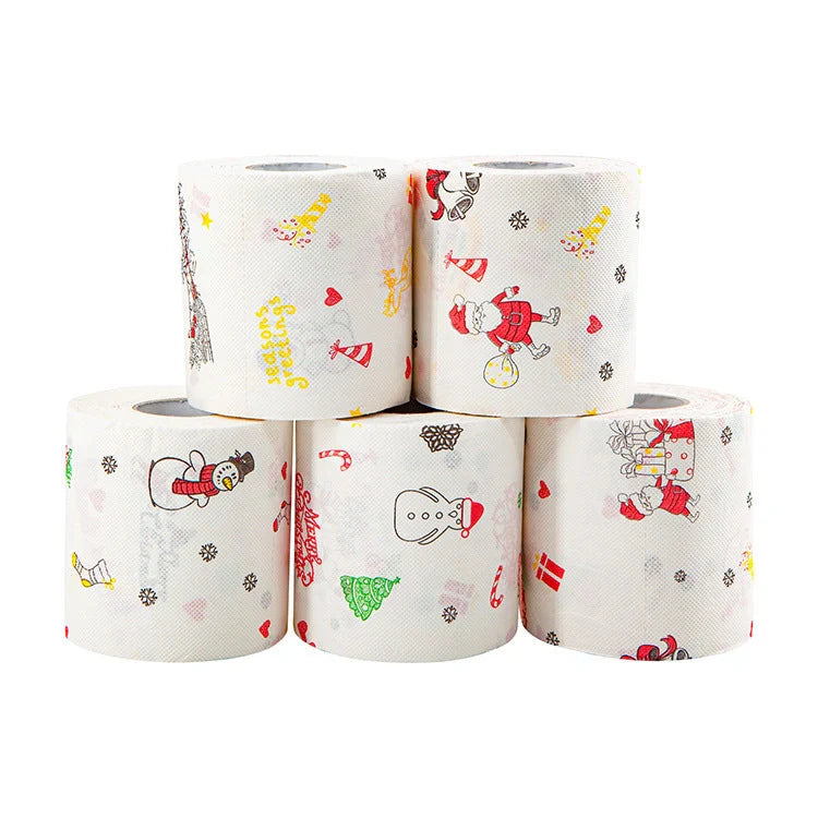 Christmas-themed toilet paper roll with Santa Claus and holiday designs