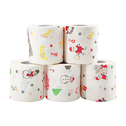 Christmas-themed toilet paper roll with Santa Claus and holiday designs