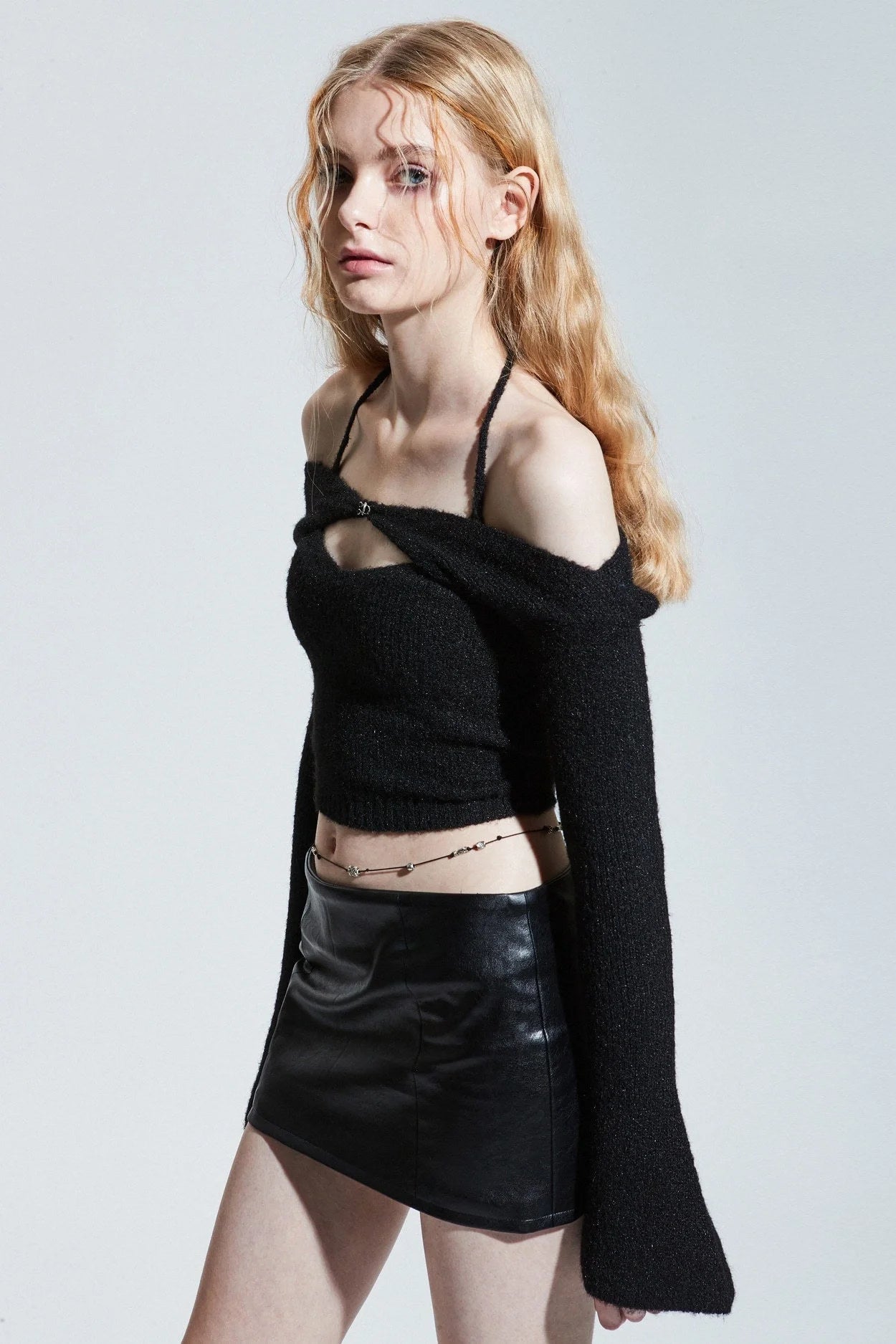 Off shoulder knitted sweater for women in black, blue, and apricot