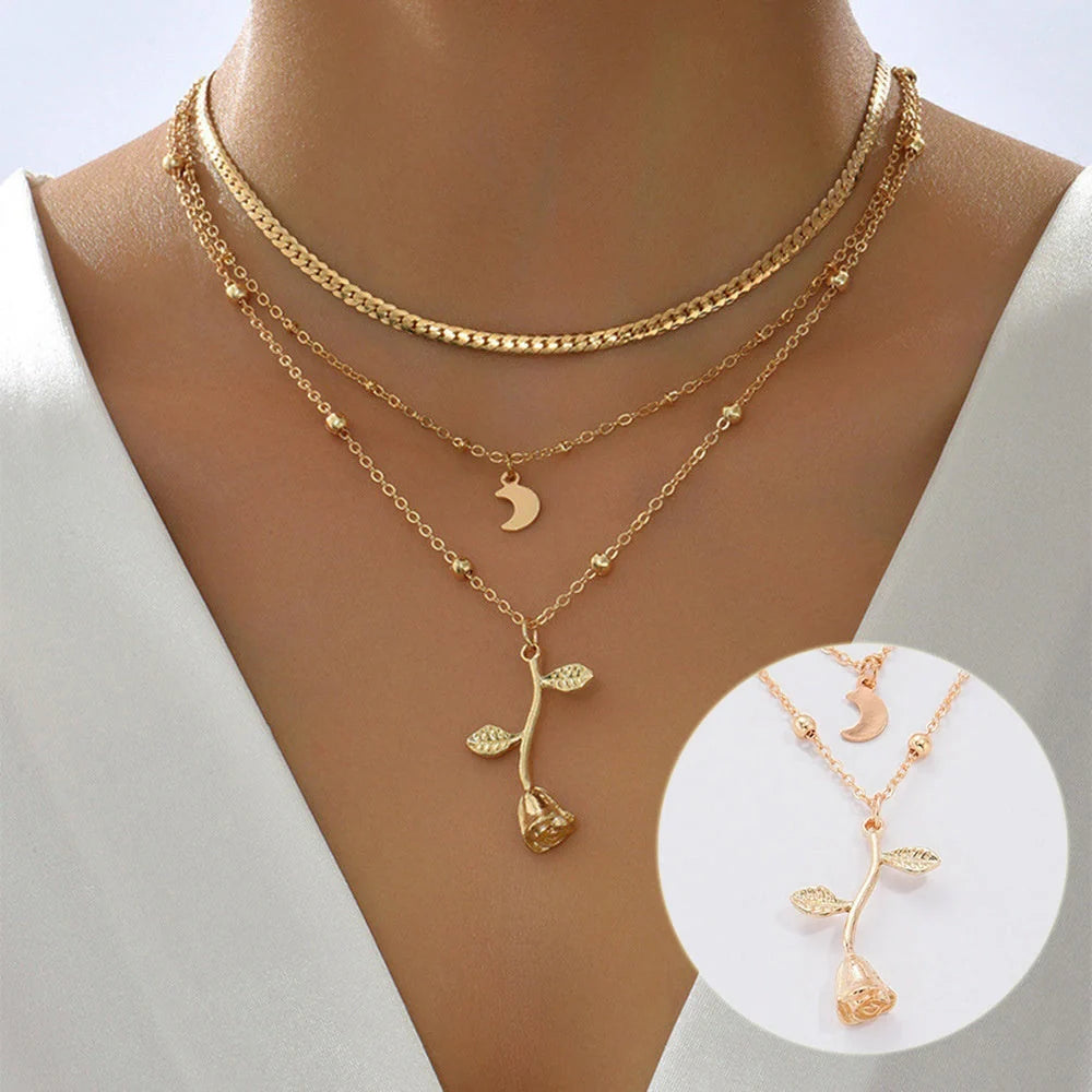 Bohemian multilayer gold pendant necklace with rose flower design on adjustable chain