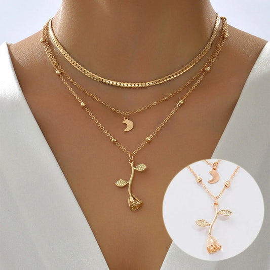 Bohemian multilayer gold pendant necklace with rose flower design on adjustable chain