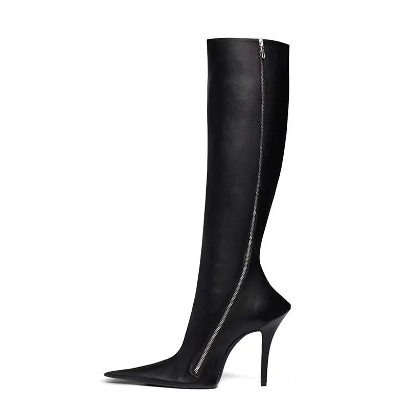 Black women's knee-length stiletto heel boots with pointed toe and side zipper, artificial PU upper, rubber sole