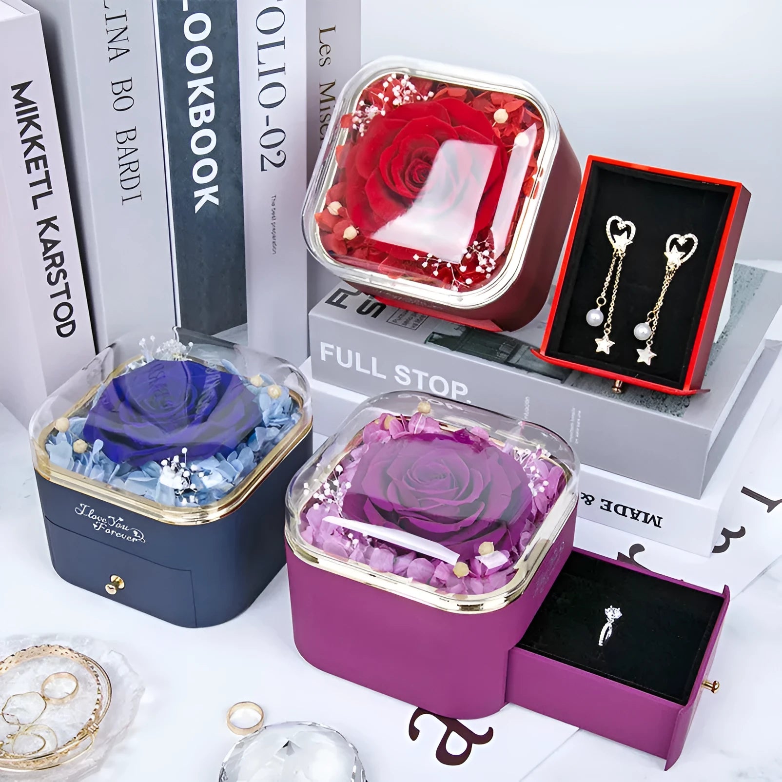 Valentine's Day rose flower drawer jewellery box with preserved eternal flowers and love crystal necklace gift set