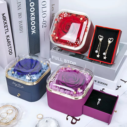 Valentine's Day rose flower drawer jewellery box with preserved eternal flowers and love crystal necklace gift set