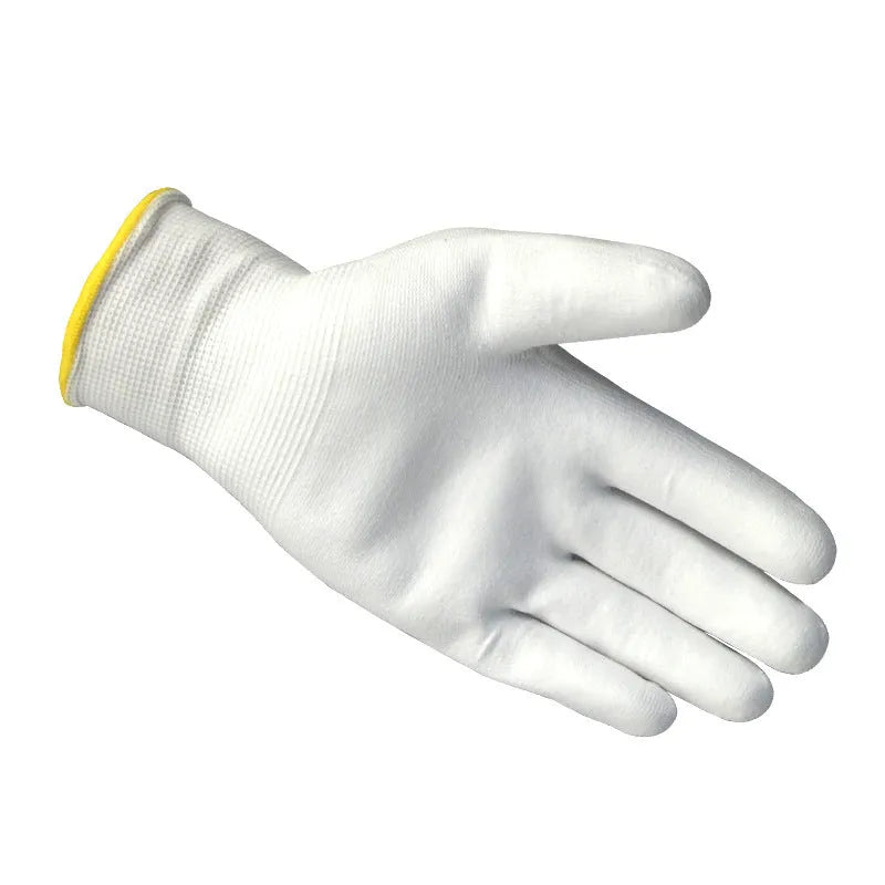 Pack of 10 pairs of white PU coated work gloves with knit backs, showing palm coating detail.