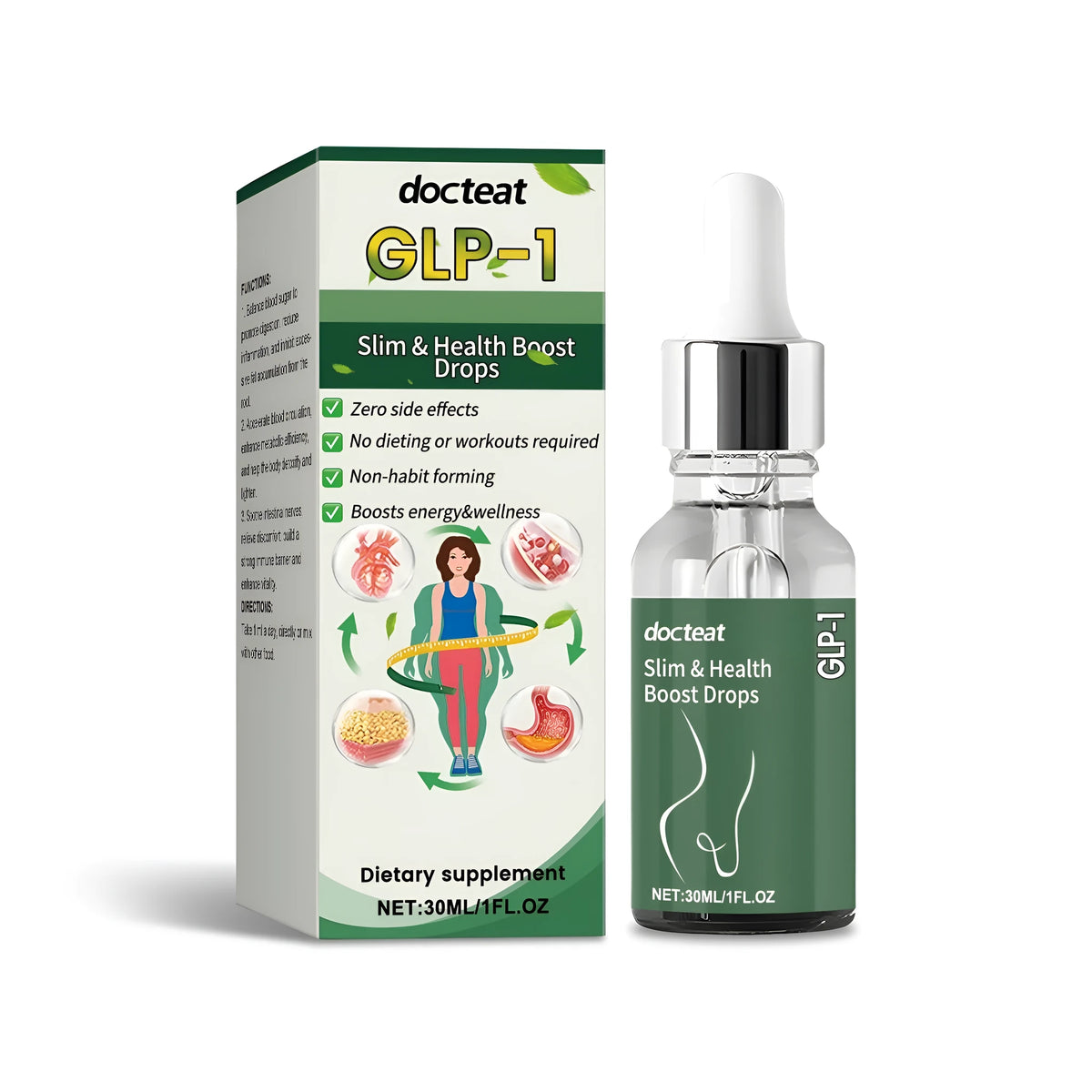 30ml bottle of natural dietary supplement drops with moringa and stevia extracts
