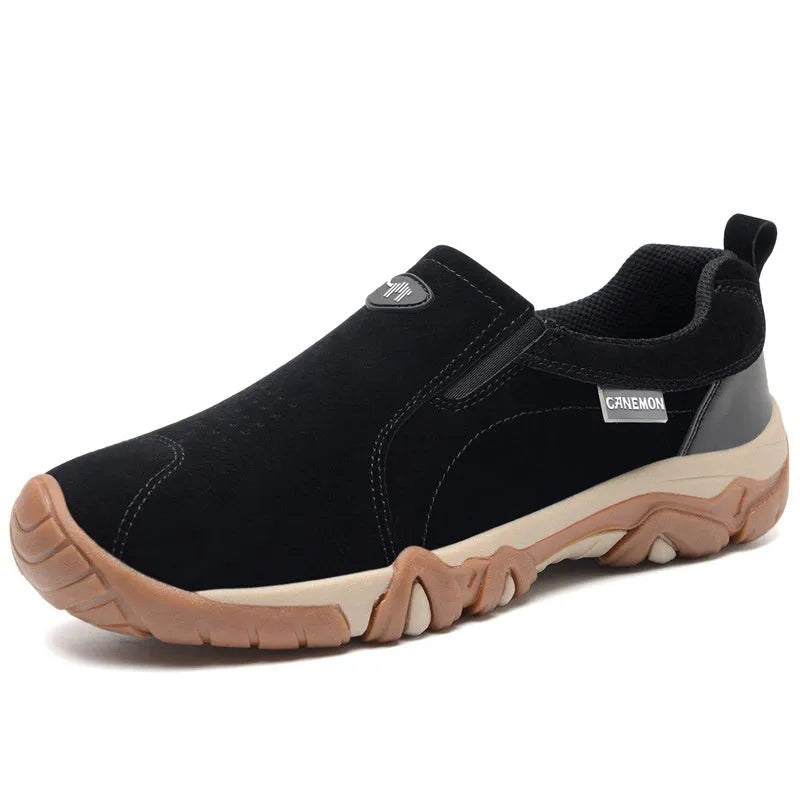 Men's suede low-top casual shoes in khaki with a rubber sole and mesh lining, shown on a white background.