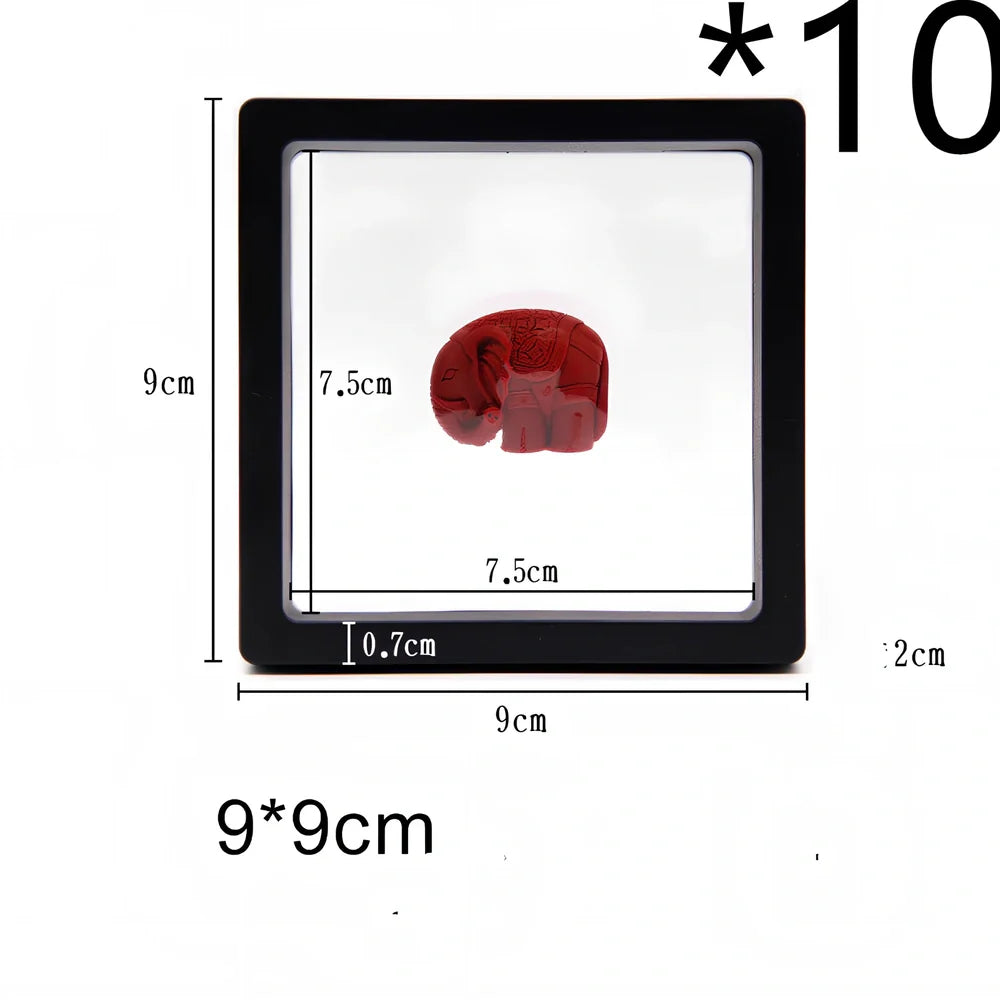 Black 11x11cm suspended 3D floating display frame holding a coin, with square base for stable collectible showcase