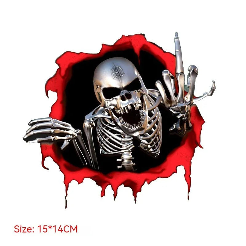 Reflective metal skull car sticker with colourful broken shell design measuring 15 by 14 cm