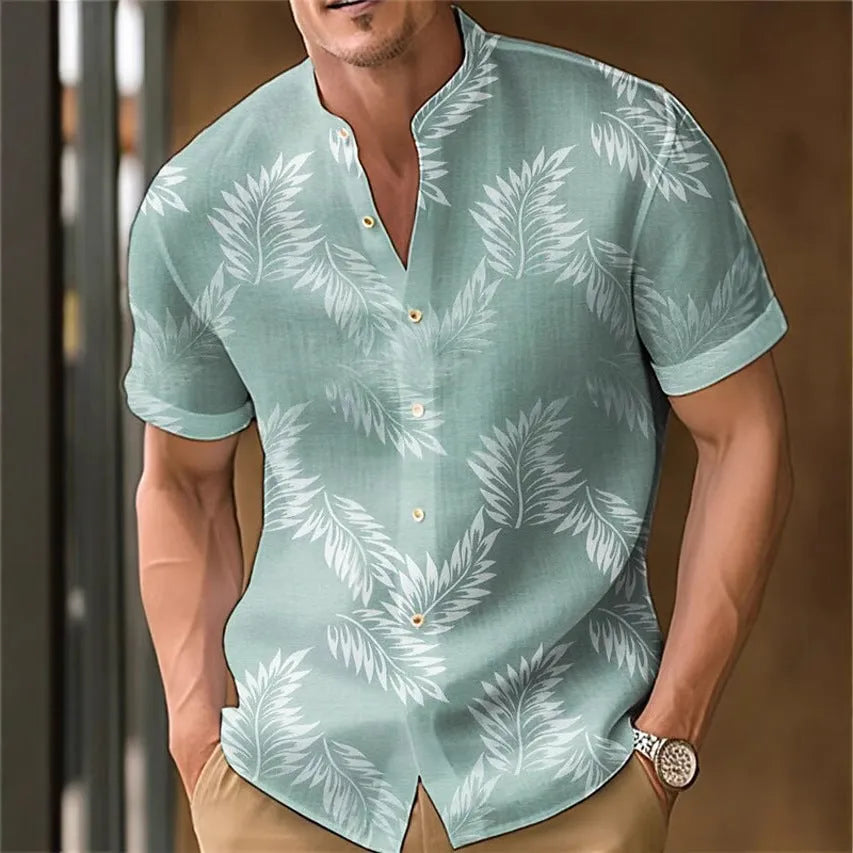 Men's printed polyester casual shirt showing colour options MB01RQ Y085-Y092 with Asian sizing S to 4XL