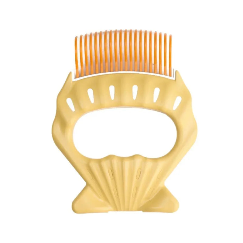 Green shell shaped pet grooming comb with bent wire bristles for removing loose hairs from dogs and cats