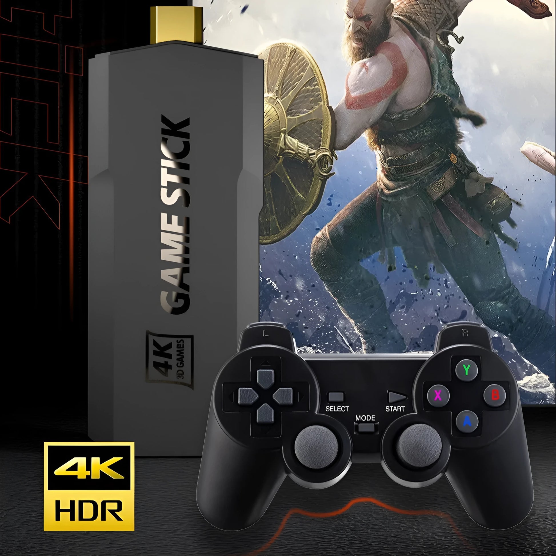 HD home TV game console with wireless handle on a black background, showing HDMI port and compact size.