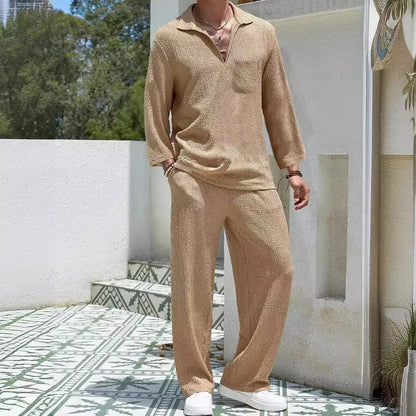 Men's casual shirt trousers commuter suit in lake blue colour with polyester fabric for autumn wear.