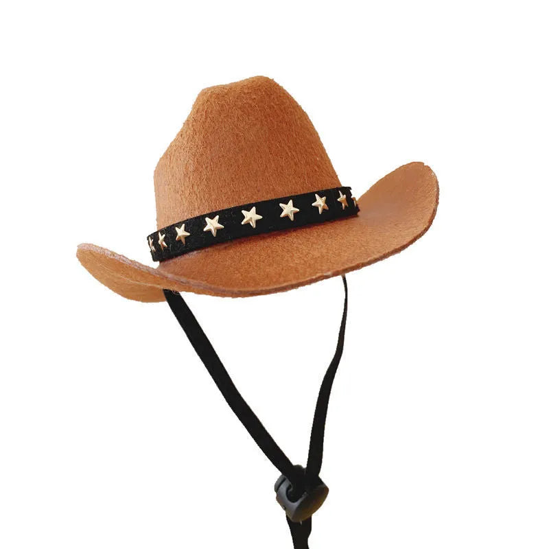 British cowboy hat for a cat on a stand, showing brown non woven fabric with a black ribbon trim.