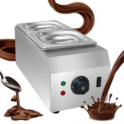 Stainless steel commercial chocolate melting machine with digital temperature display and control dial.