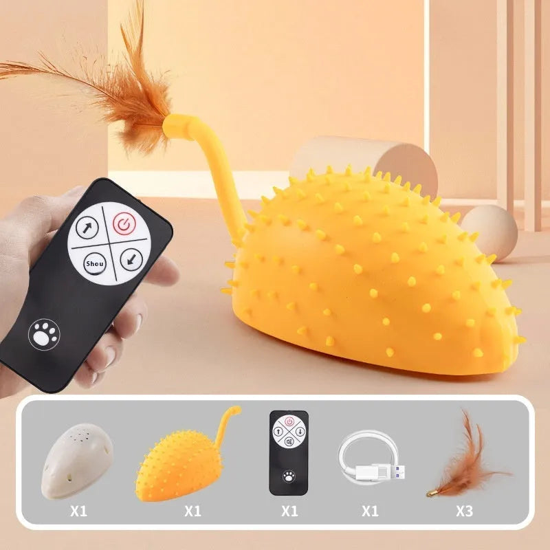 Remote control USB rechargeable silicone mouse cat toy with hanging feathers in cyan colour