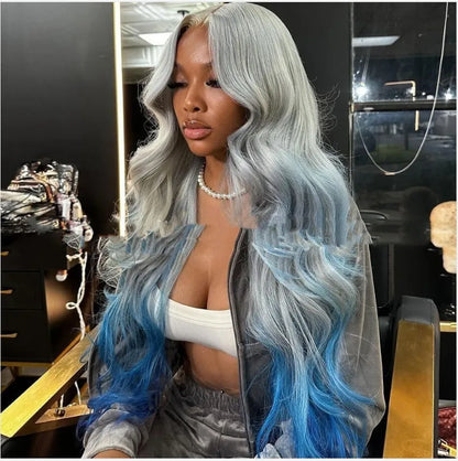 Grey blue ombre lace front wig on a mannequin head, showing long gradient hair and 4x4 lace base.