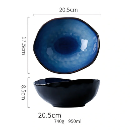 Deep blue irregular ceramic flat plate, 20.5cm diameter with kiln glaze, smooth surface for easy cleaning