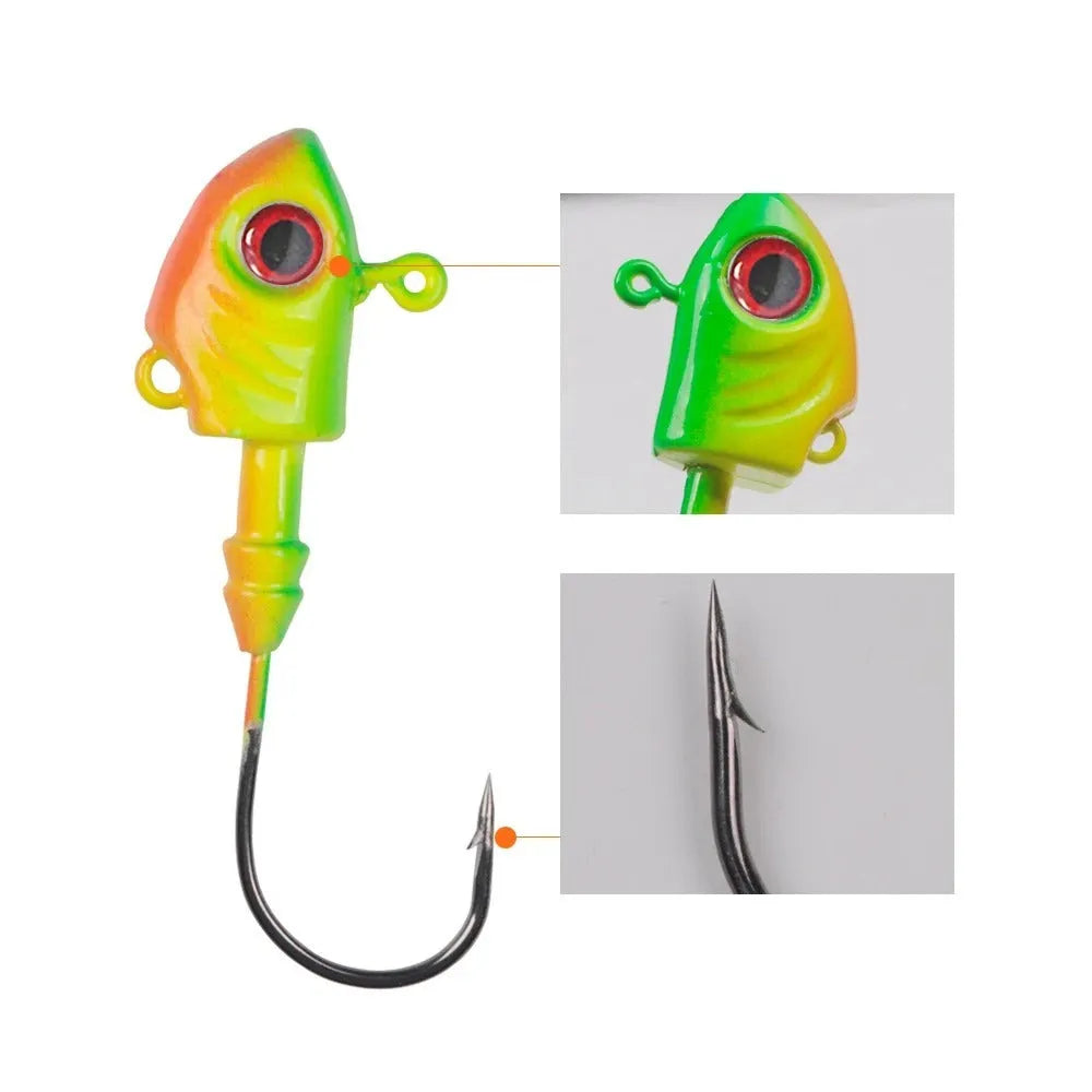 Yayu shaped lead head fishing hooks in blue, silver, and yellow with weight options from 3.5g to 28g
