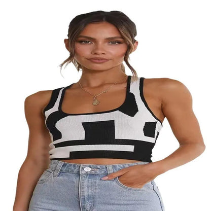 Women's white U-neck slim fit camisole vest with a crop hem, on a mannequin.