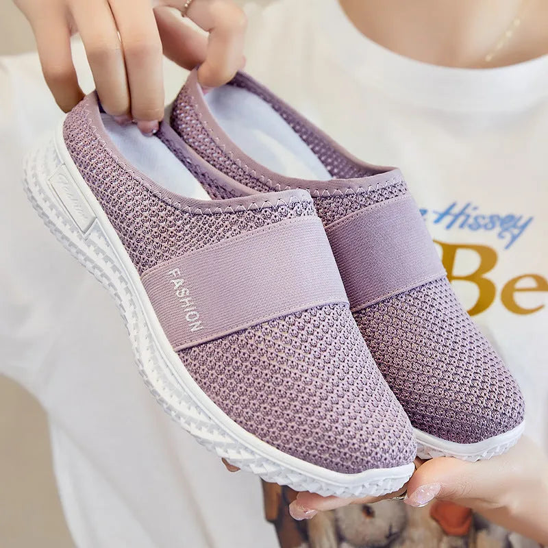Women's casual flat shoes with mesh upper and hollow out design in black, grey, pink or purple