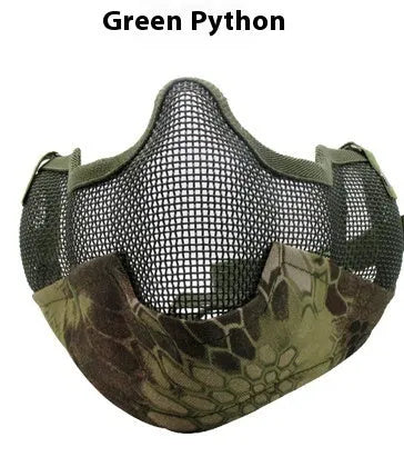 Carbon steel net protective face mask in camouflage pattern for outdoor field use.