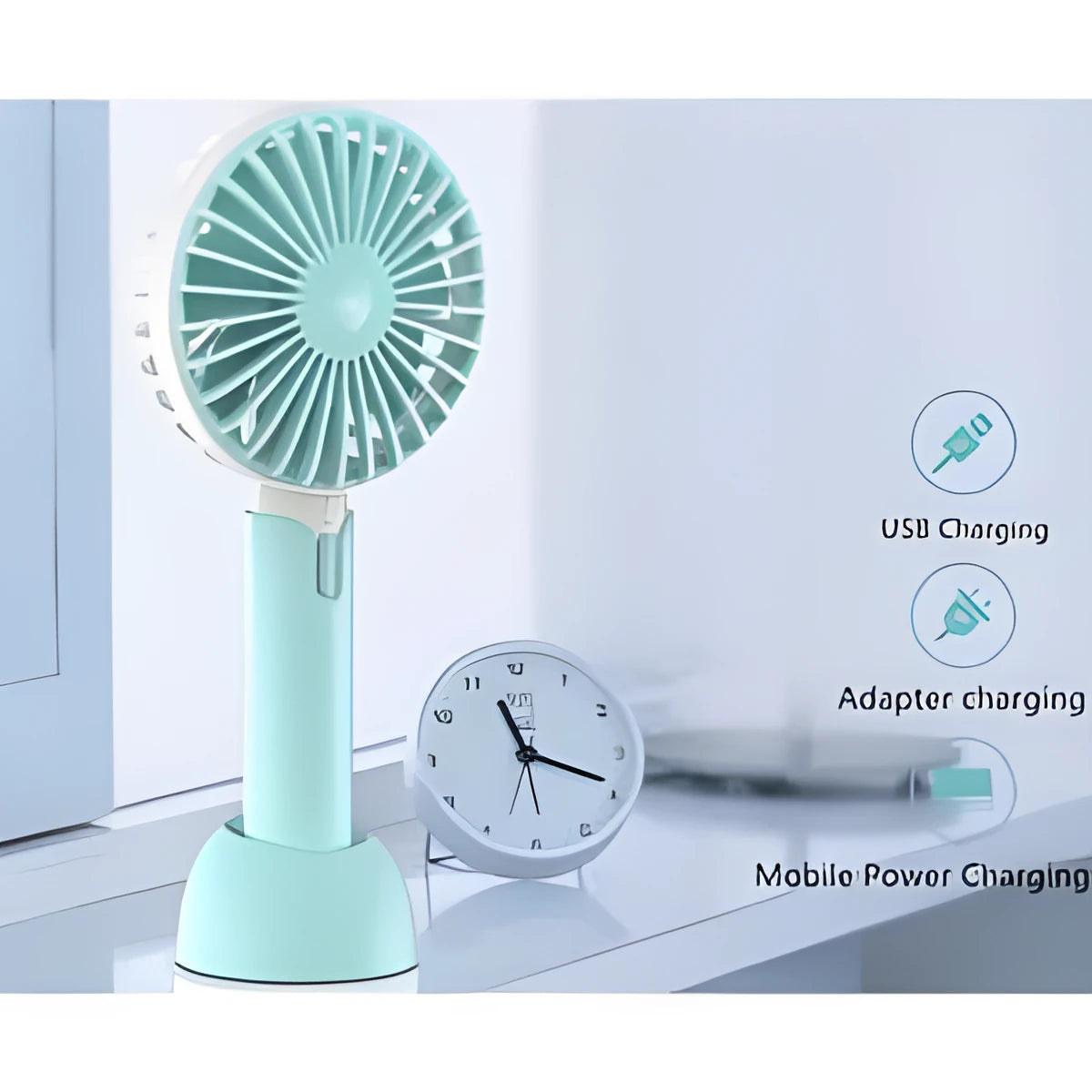 Blue handheld and desktop mini USB electric fan with three-speed control on a table.