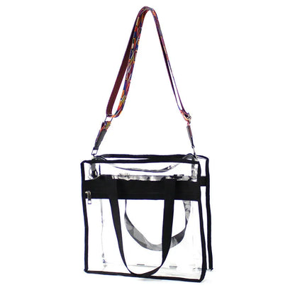 Clear PVC women's messenger bag with a coloured front panel and double shoulder straps.