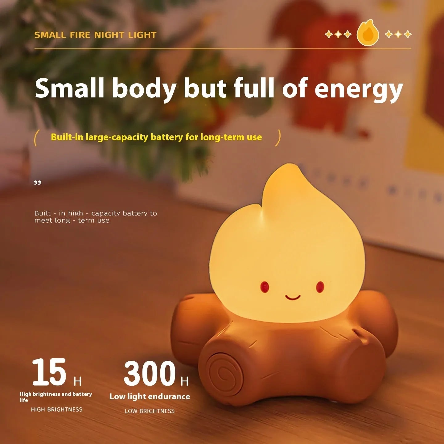 Small cartoon style night lamp with silicone fire pile design and ABS shade