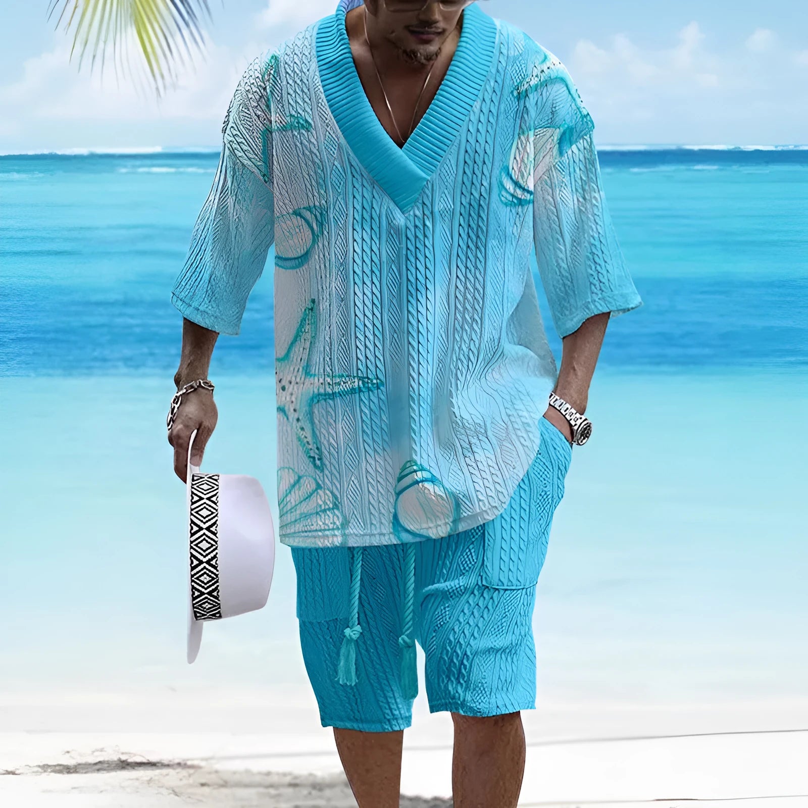 Men's casual short sleeve polyester suit set with loose fit top and matching shorts