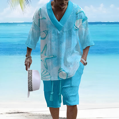 Men's casual short sleeve polyester suit set with loose fit top and matching shorts
