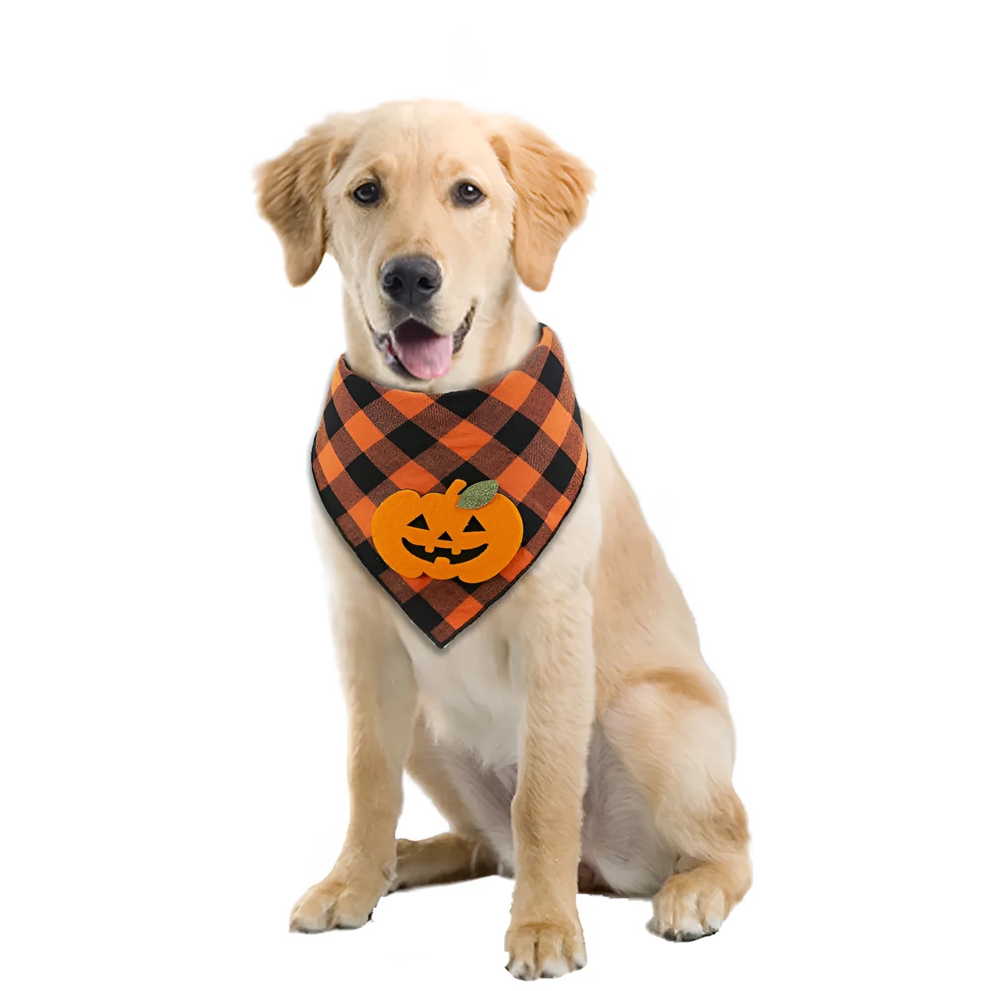 Orange Halloween dog bandana with felt pumpkin appliques on plaid fabric