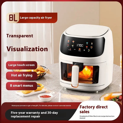 Black 8L air fryer with visual touch screen and 1400W power, product size 320x270x272mm