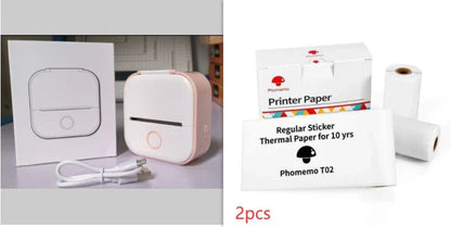 Compact Bluetooth-enabled thermal label printer in white, pink, and green colors with various label options