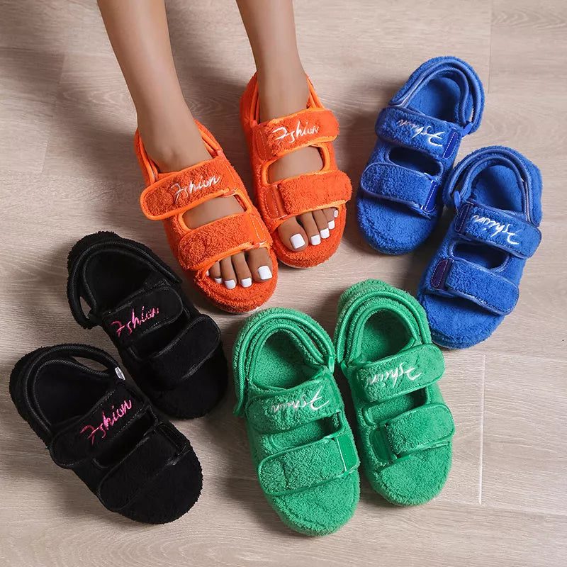 Women's Velcro Plush Rome Platform High Heel Sandals in black, blue, green, and orange
