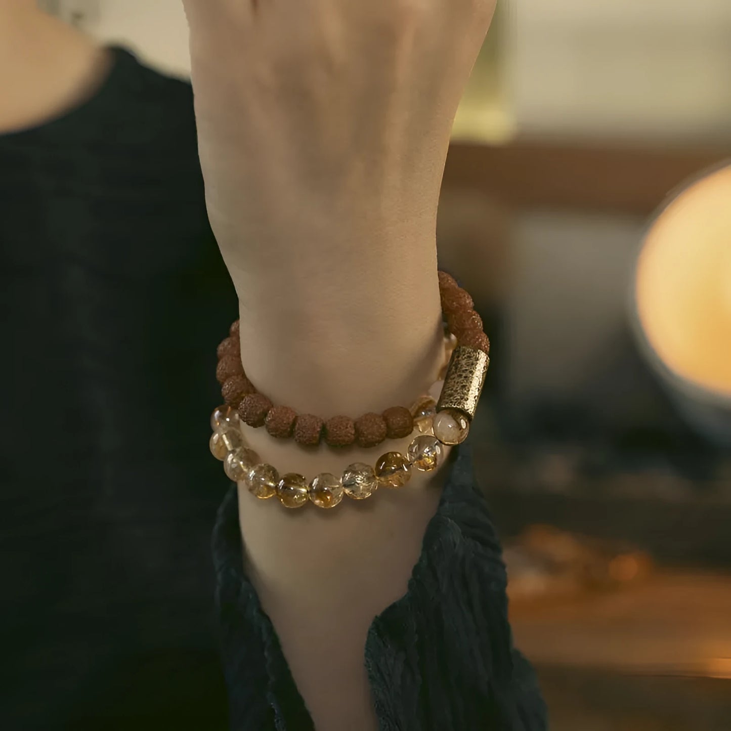 Retro-style LCD double circle bracelet with natural citrine stones for boys and girls jewellery