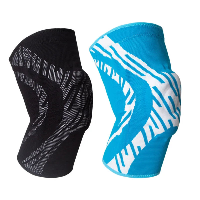 Black nylon basketball knee pads with adjustable straps shown on a knee