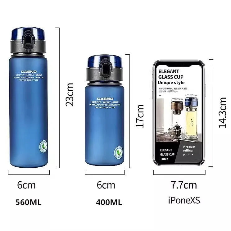 PC sports water bottle with lanyard in frosted finish colours showing leak-proof seal