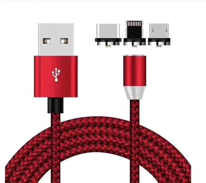 Black magnetic charging cable with connectors for Android, Type C, and Apple devices on a white background