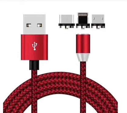 Black magnetic charging cable with connectors for Android, Type C, and Apple devices on a white background