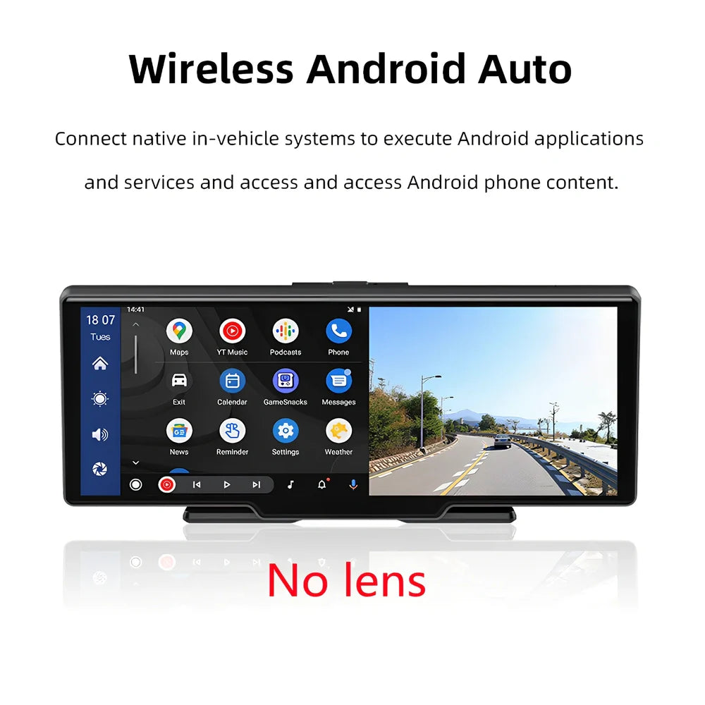 10.26 inch wireless CarPlay car recorder with 140° wide-angle lens on vehicle dashboard