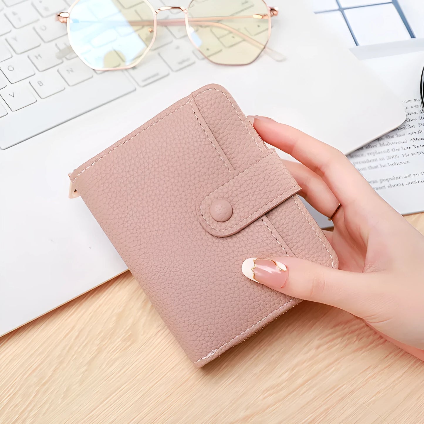 Ladies short wallet with lychee pattern texture in two-fold bifold design