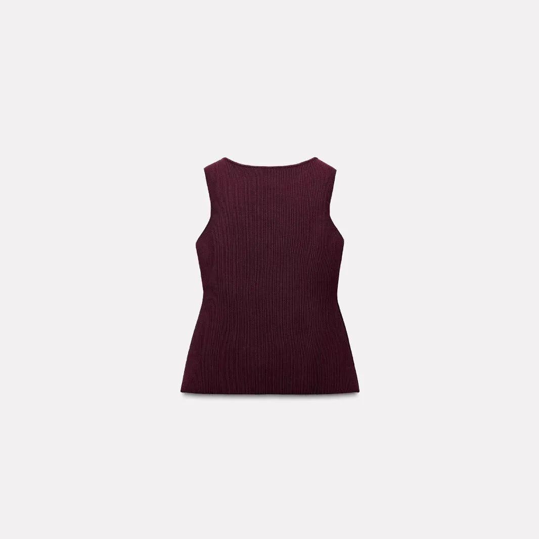 Women's dark red slim fit sleeveless sweater vest with gold buttons on a hanger.