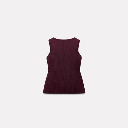 Women's dark red slim fit sleeveless sweater vest with gold buttons on a hanger.