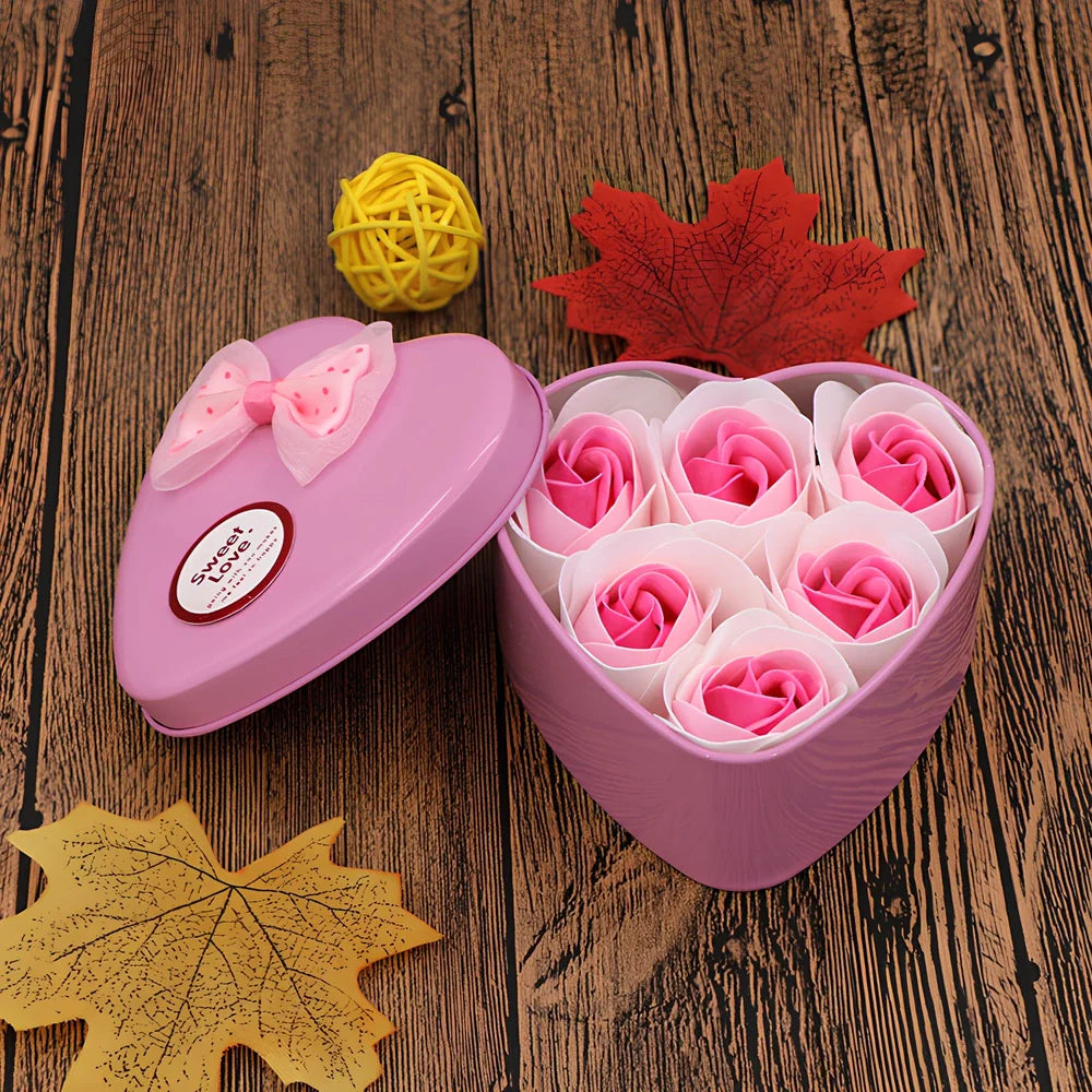 Handmade soap flowers in red heart-shaped tin box measuring 12x12x5cm