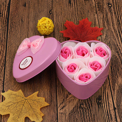 Handmade soap flowers in red heart-shaped tin box measuring 12x12x5cm