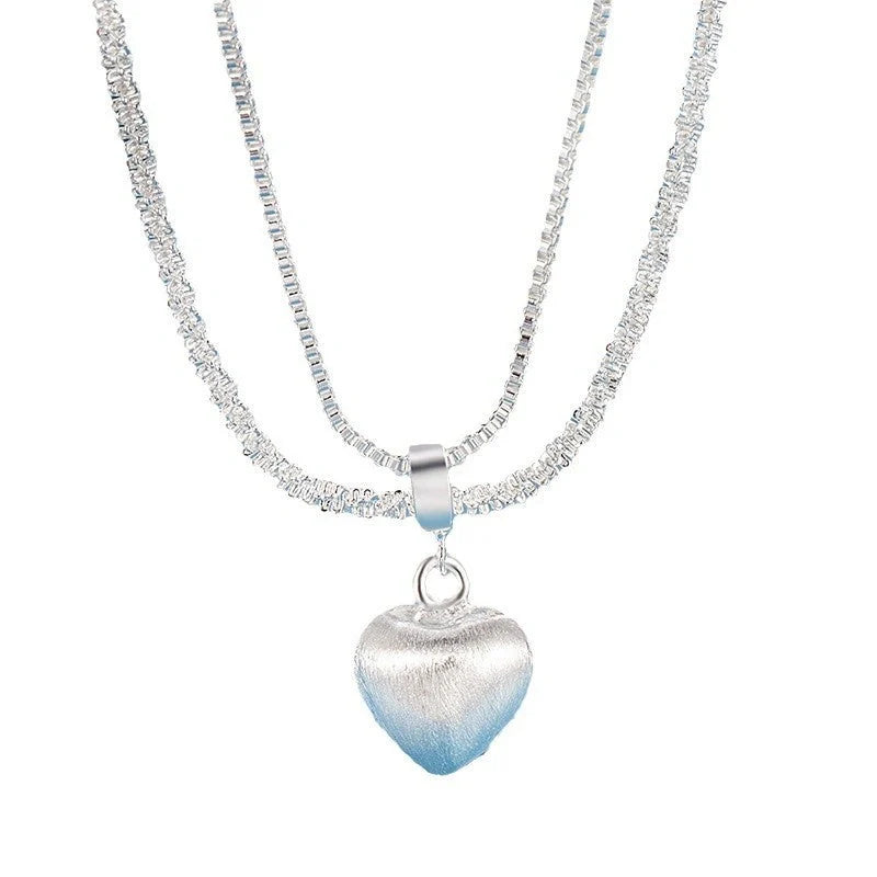 Double layer brushed heart pendant necklace for women with water wave chain
