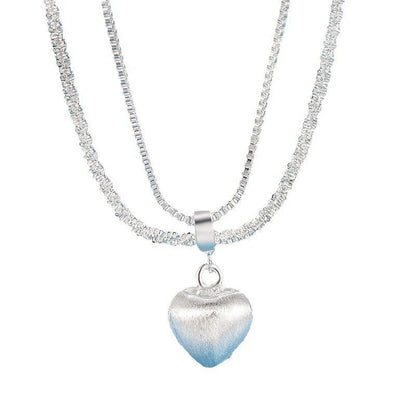 Double layer brushed heart pendant necklace for women with water wave chain