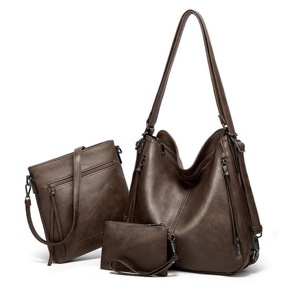 Women's three piece bag set in PU with tote, crossbody and back bag, 34 x 12 x 34 cm, zip closure